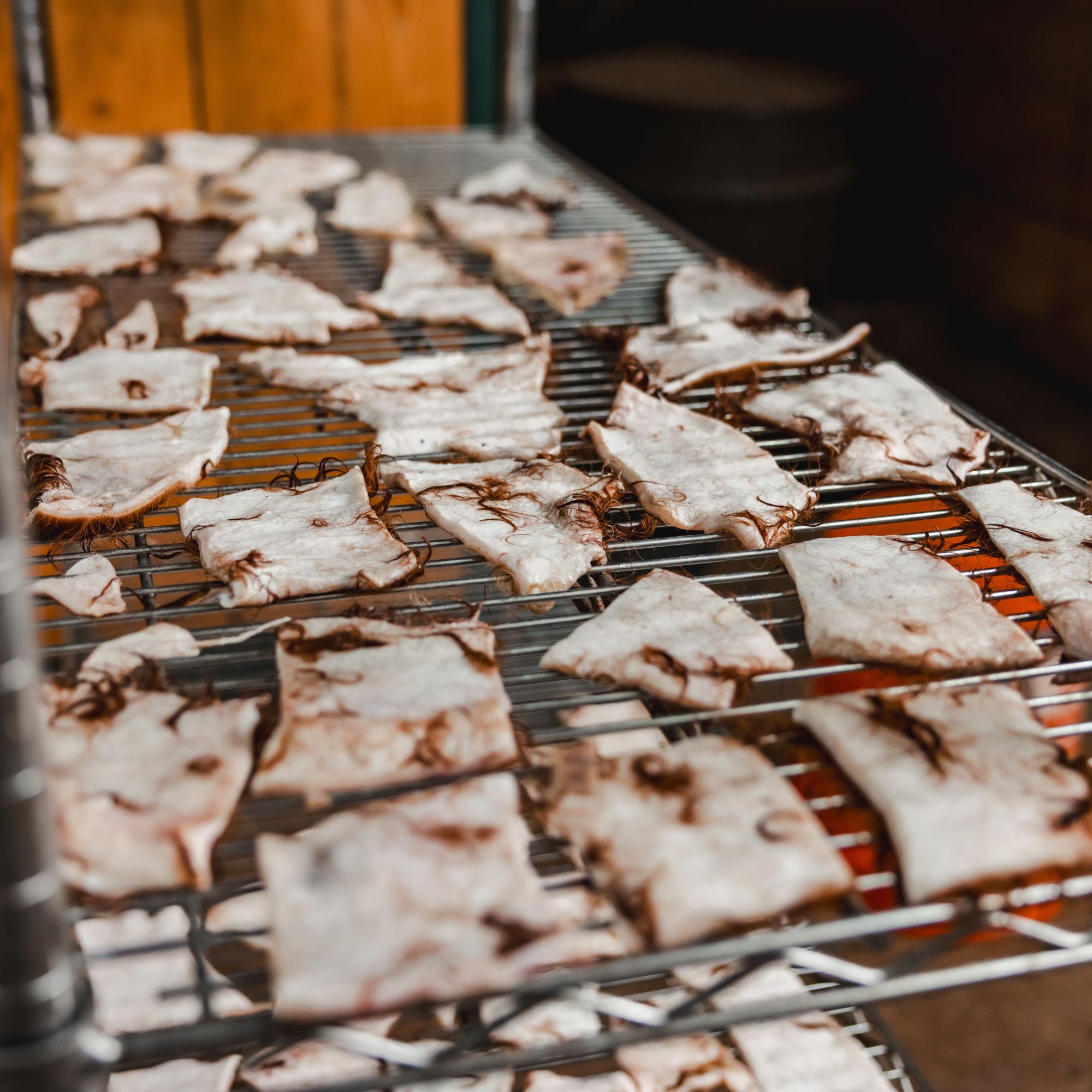 Assorted shapes and sizes of beef hide chews for dogs