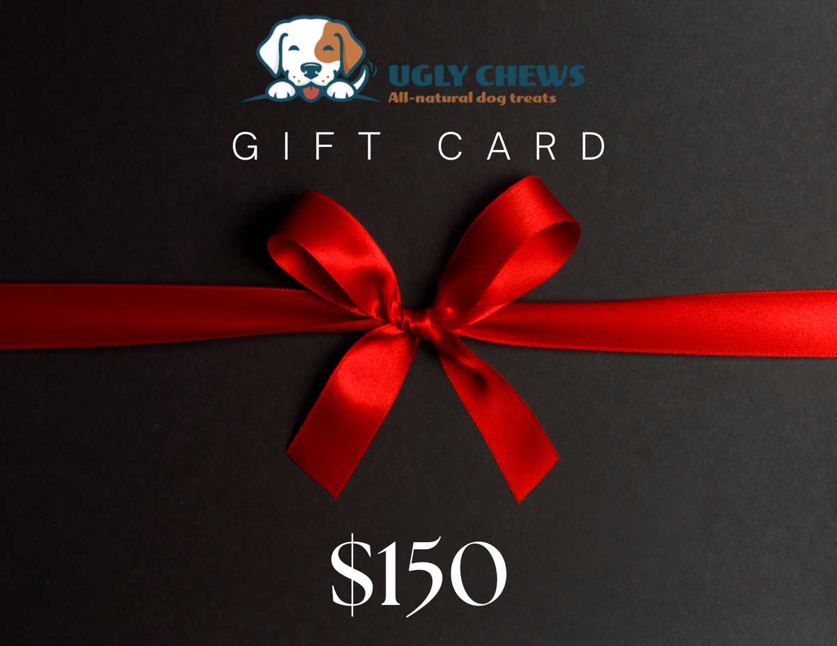 Ugly Chews $150 gift card with a red bow