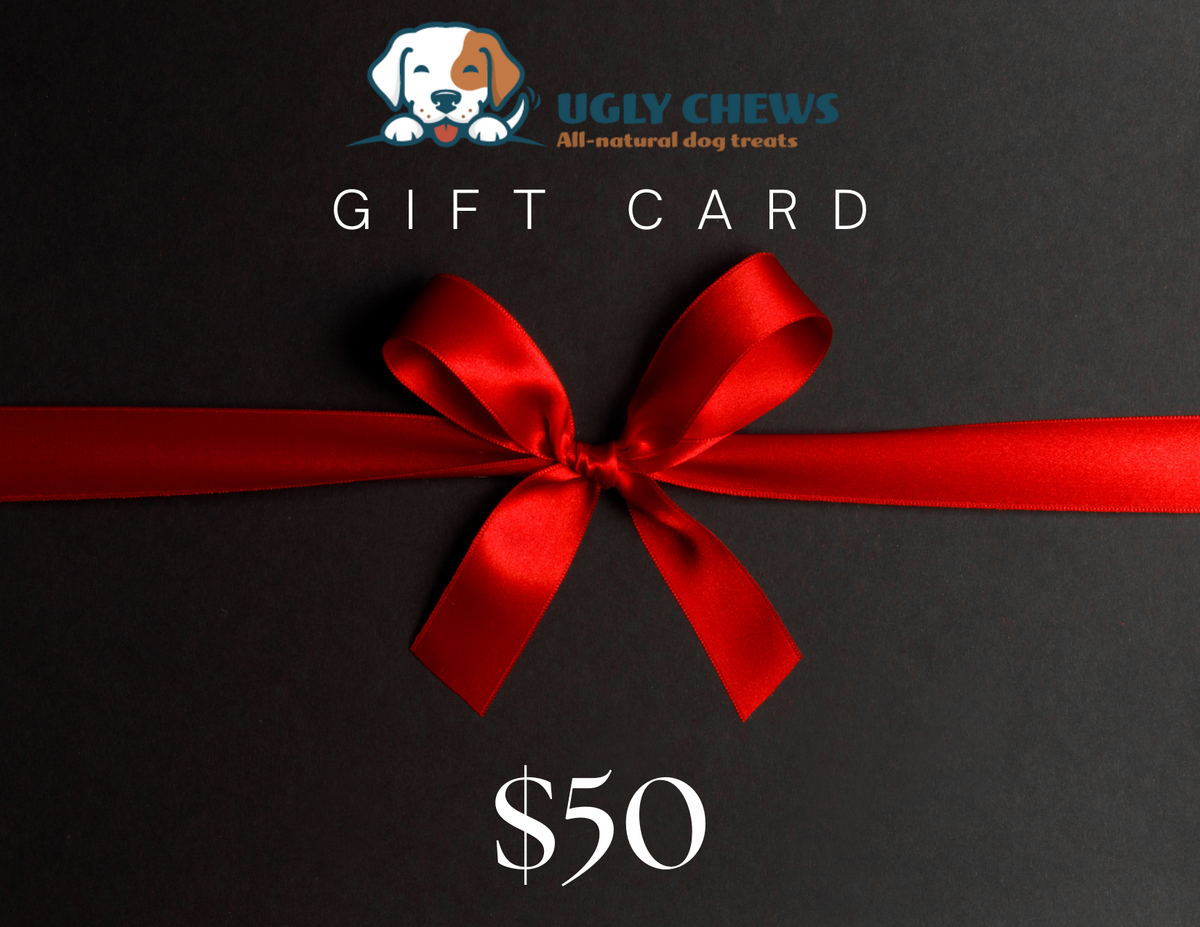 Ugly Chews $50 gift card with a red bow
