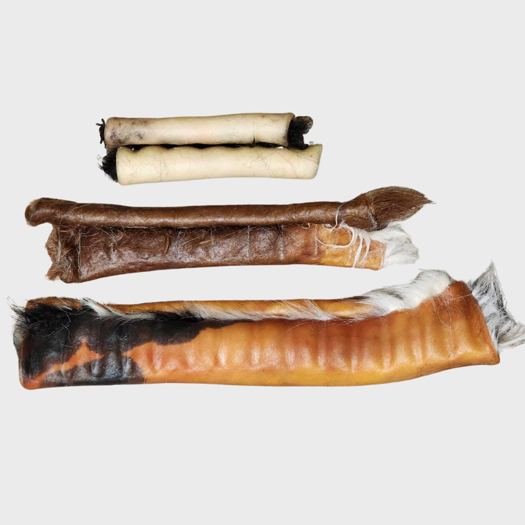Ugly Chews sample bundle with small, medium and large natural hair on hide dog chews